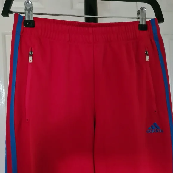 ADIDAS CLIMALITE Jogging Pants Zipped Up Red Blue 3 Stripes Embroidered Logo - Picture 2 of 10